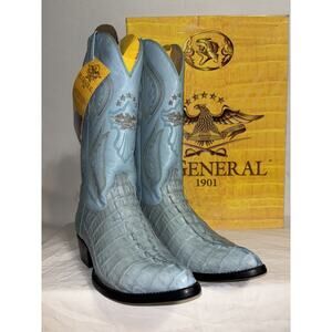 El General Cowboy Boots Men’s Sz 6.5 Exotic Caiman Horn Back New W/ Box Blue